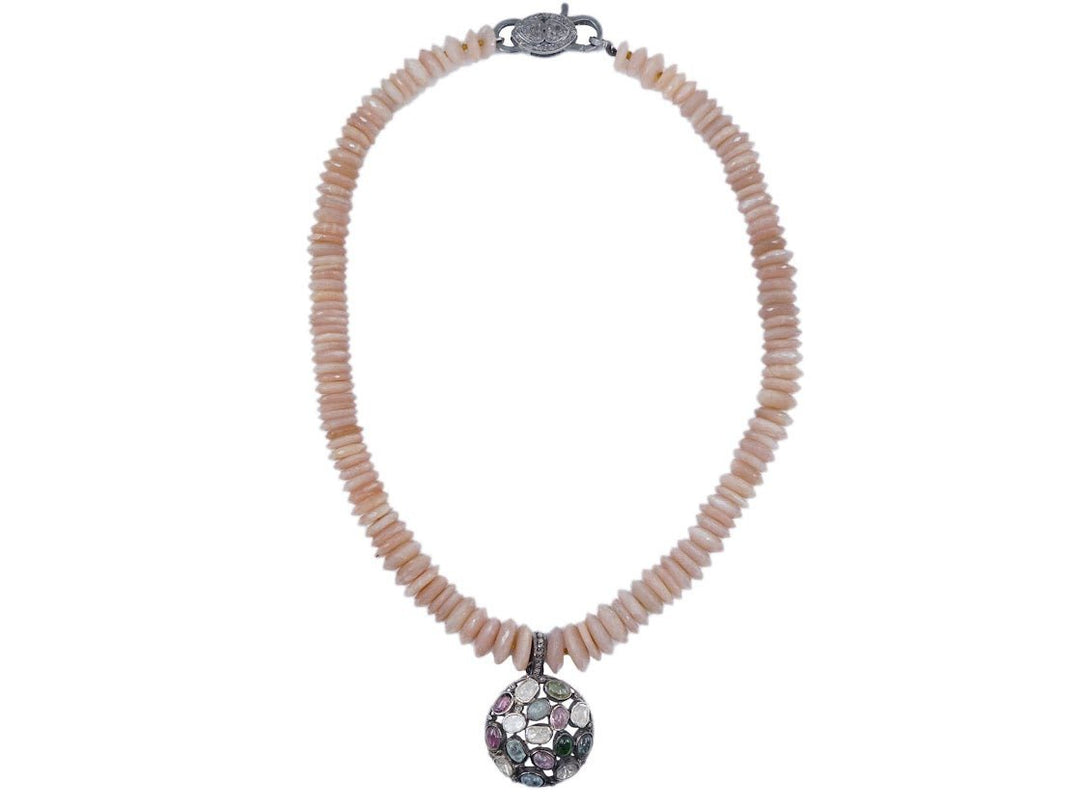 Pink Moonstone Necklace with Tourmaline Pendant and Diamonds