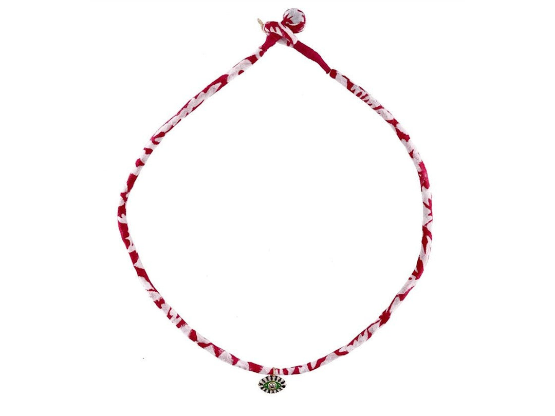 Red and White Fabric Necklace with Evil Eye