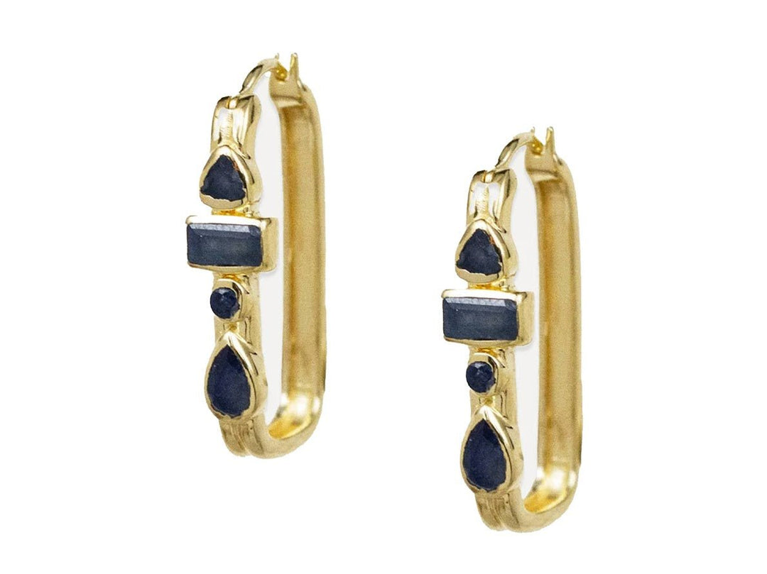 Gold and Blue Sapphire Elongated Rectangle Hoops