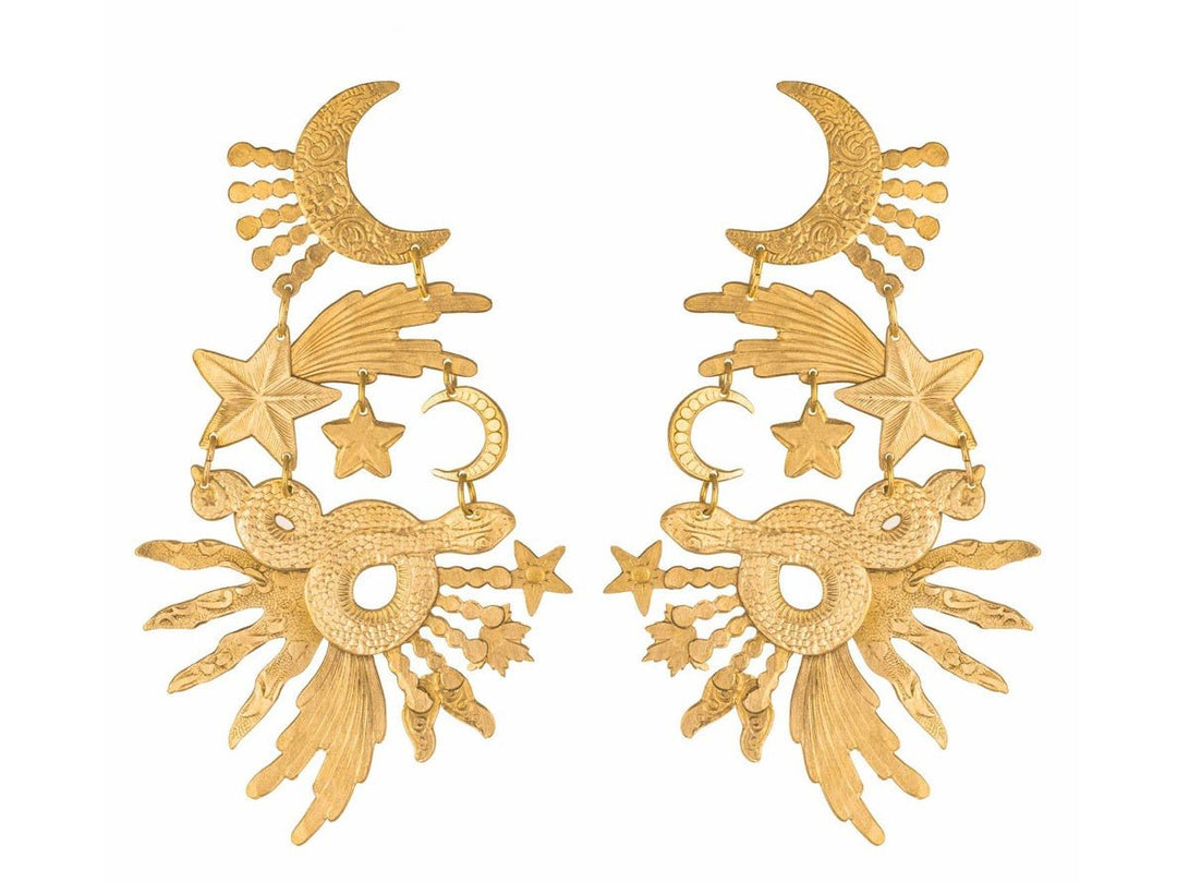 Brass Drop Earrings with Serpents, Moons, and Stars