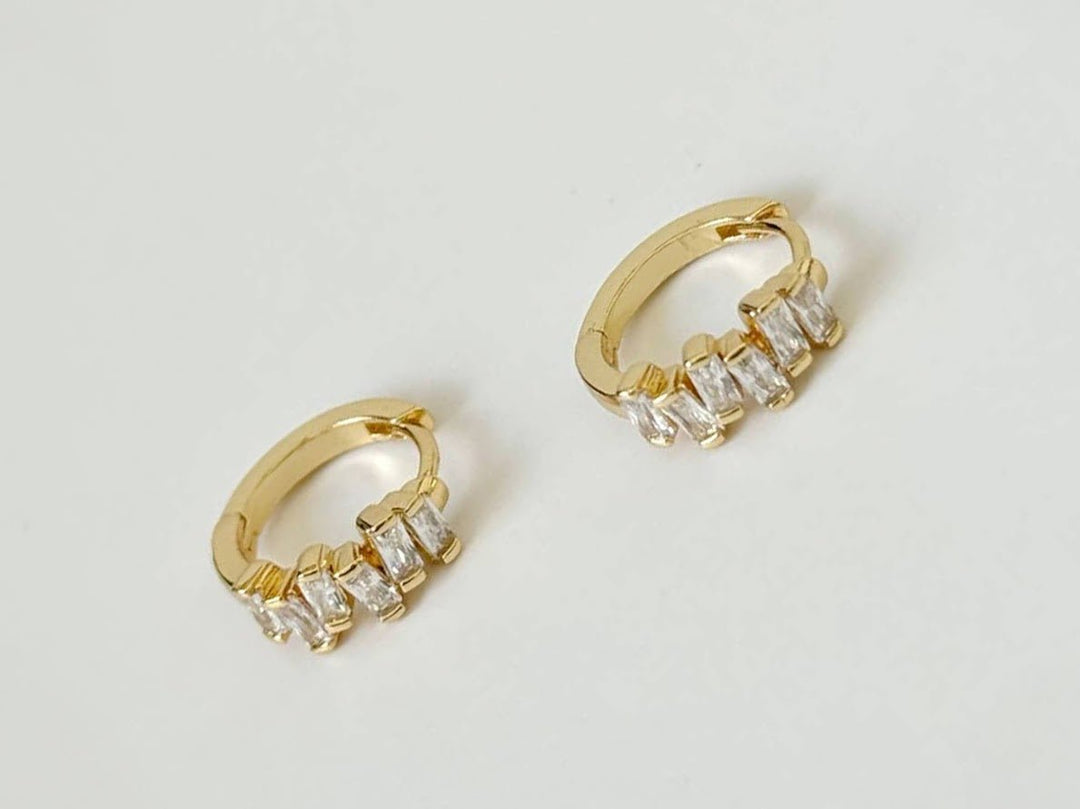 Gold Huggie Hoops with Baguette CZs