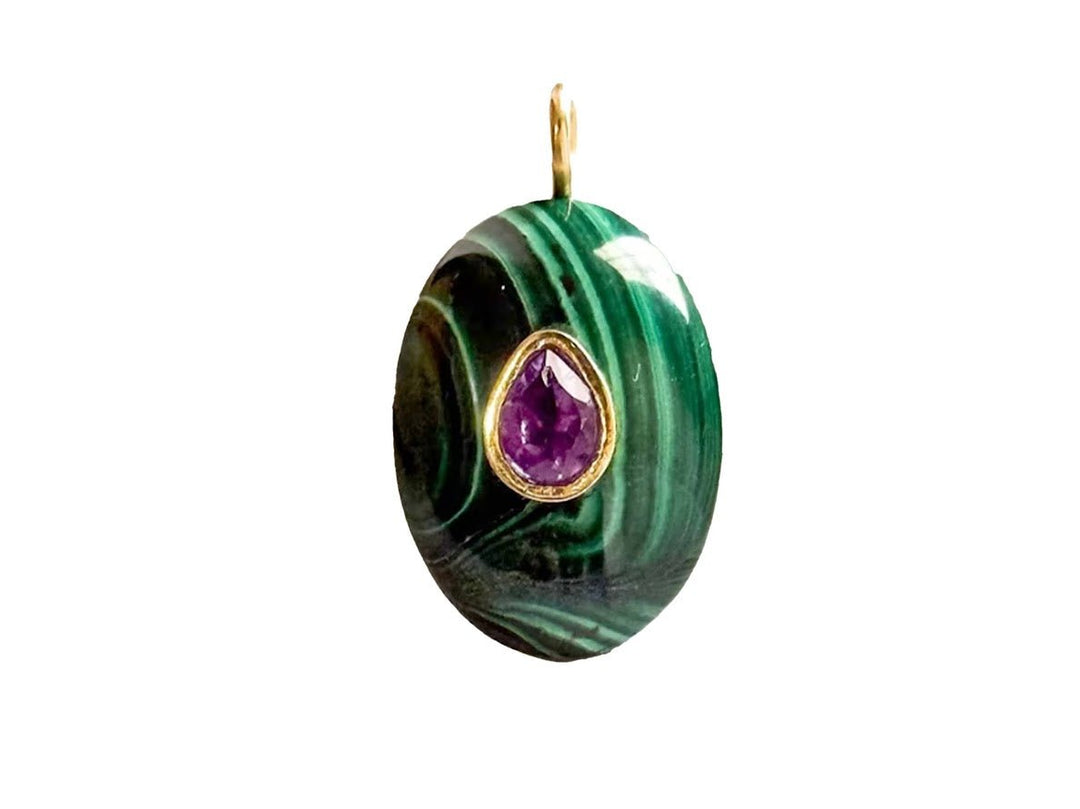 Handcarved Malachite and Amethyst Charm