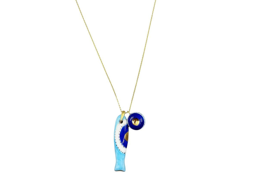 Handpainted Italian Porcelain Turquoise, Navy, and Gold Evil Eye Big Fish Charm