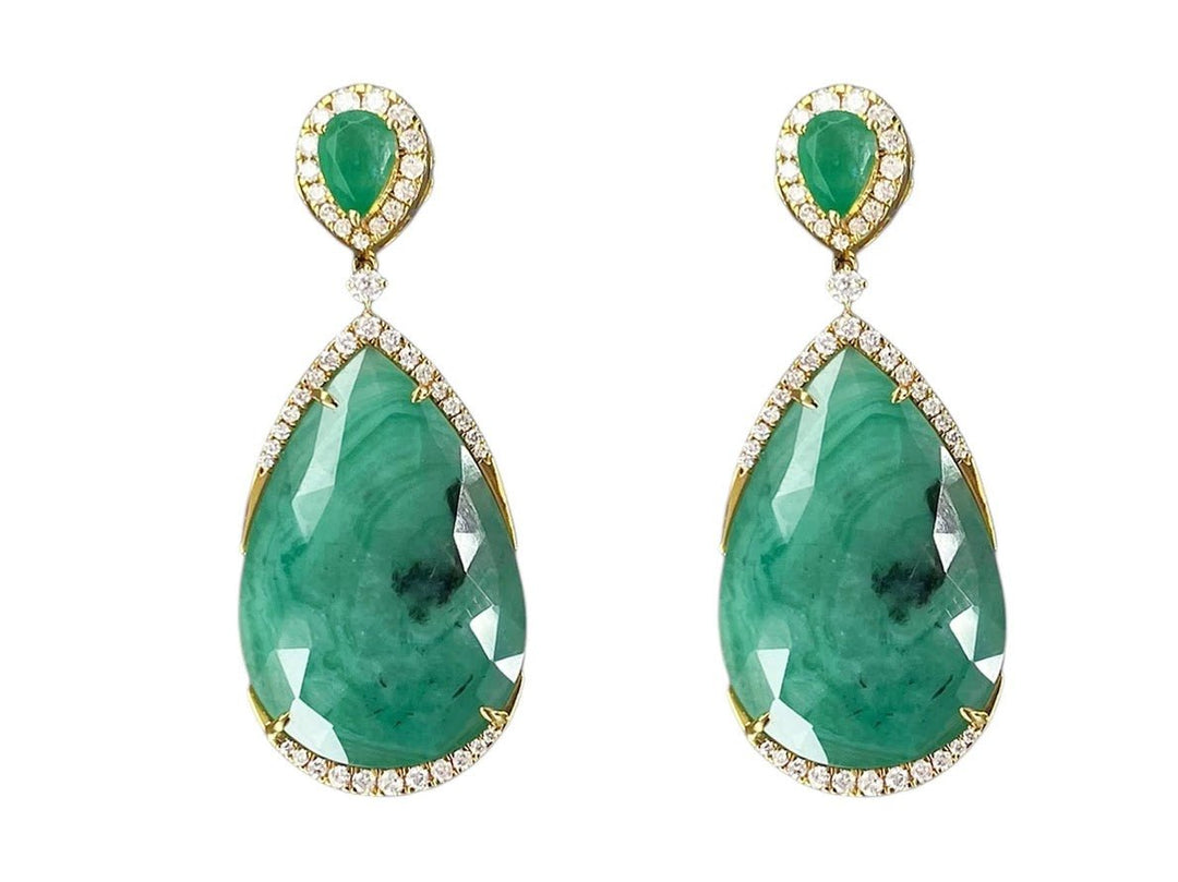 18k Drop Earrings with Emeralds and Diamonds
