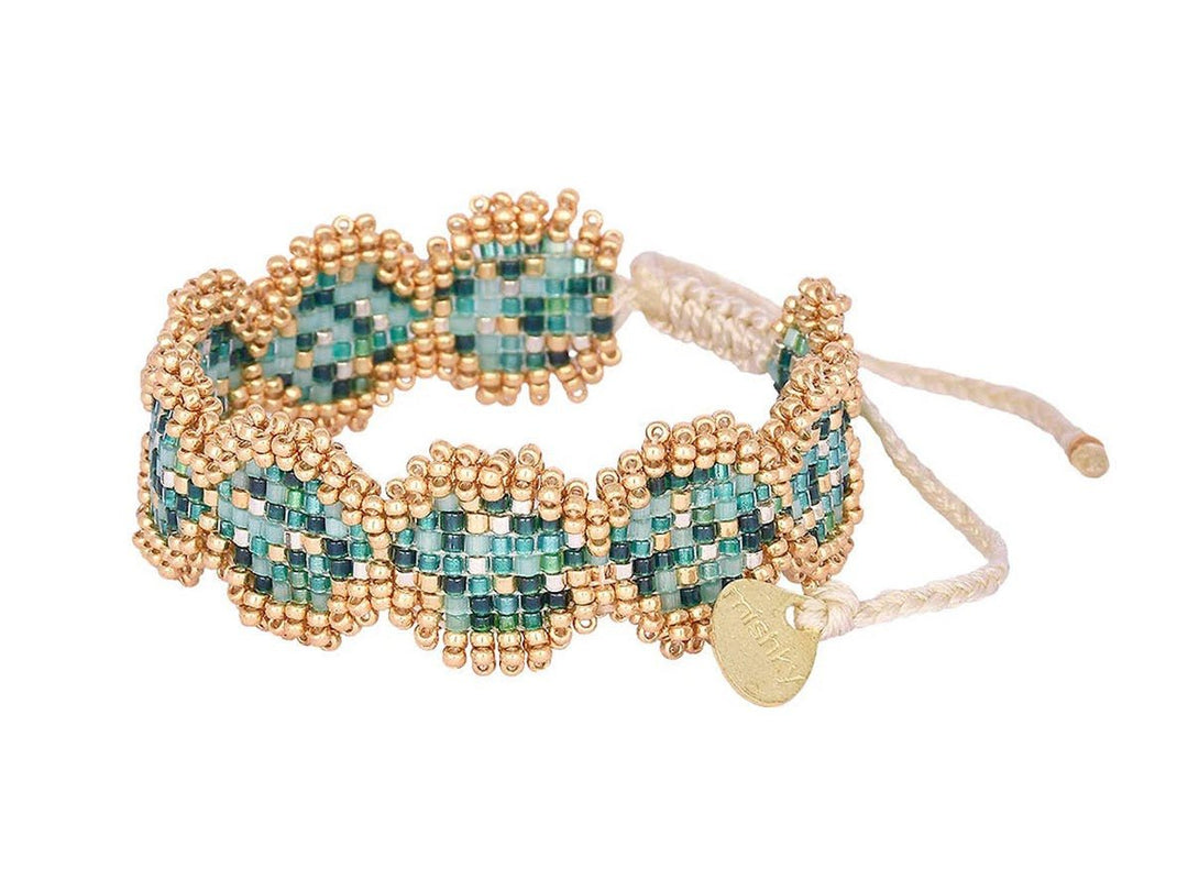 Narrow Turquoise and Gold Wavy Beaded Bracelet