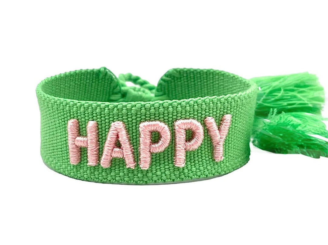 Green and Pink HAPPY Bracelet with Tassels