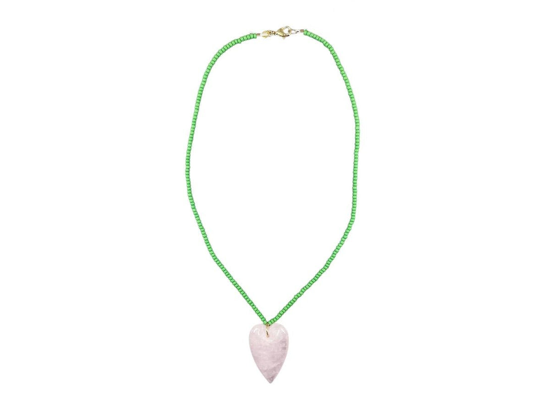 Green Beaded Necklace with Rose Quartz Heart Charm