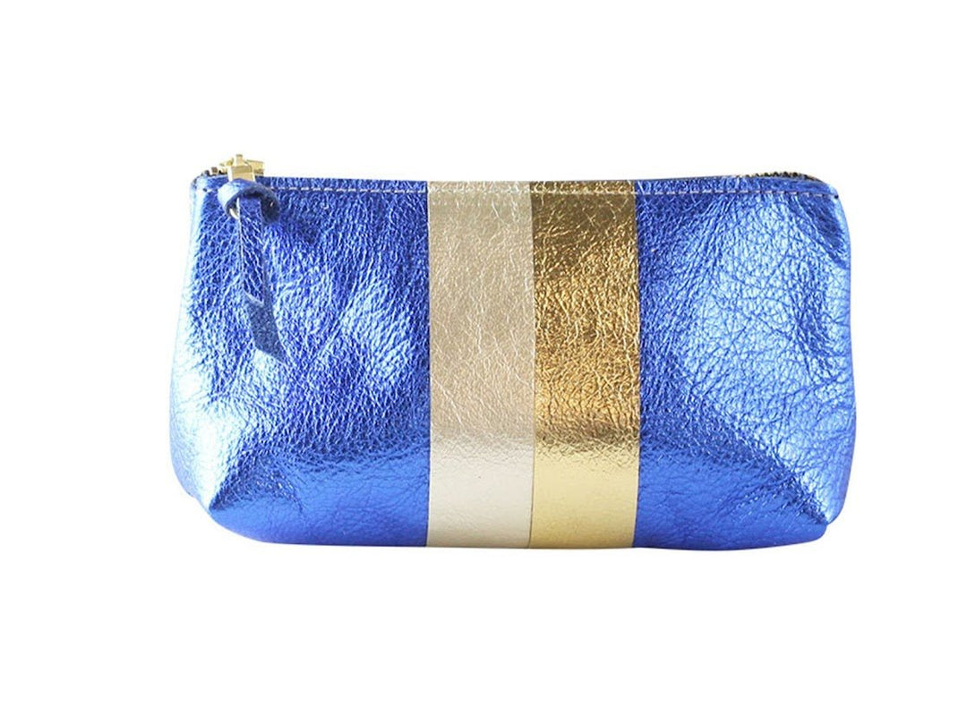 Royal Blue Metallic Leather Makeup Clutch with Platinum and Gold Stripes