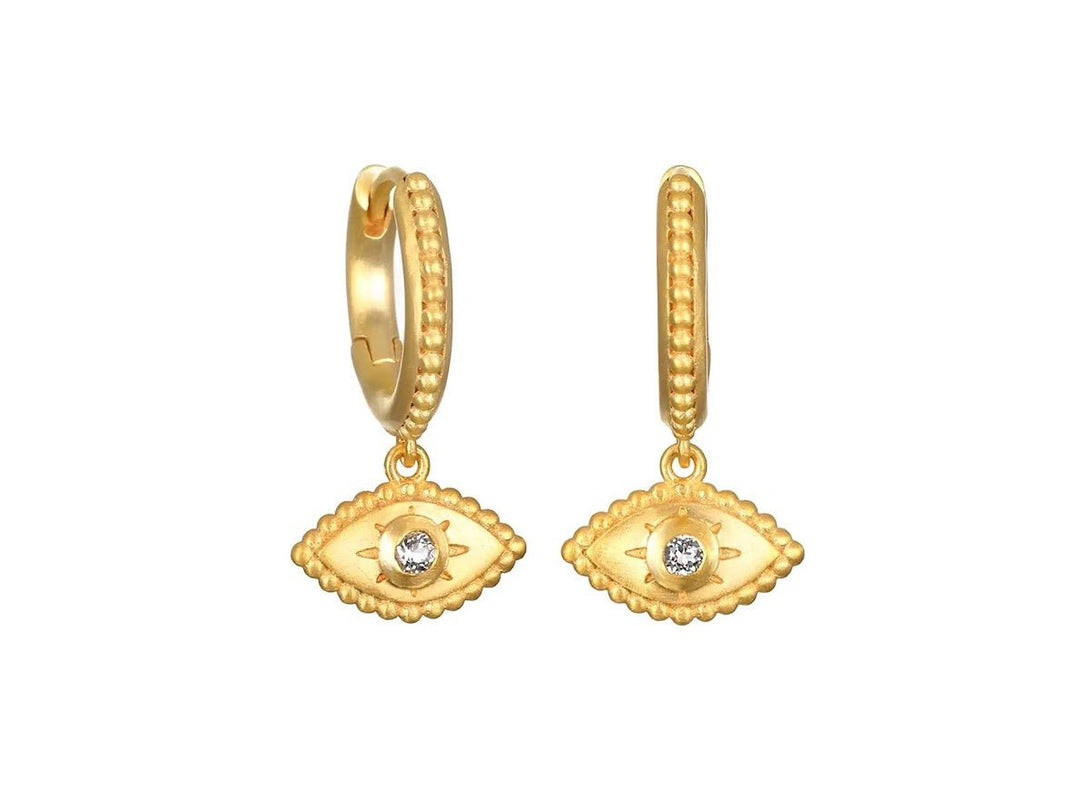 Gold Huggie Hoops with Evil Eye Charms