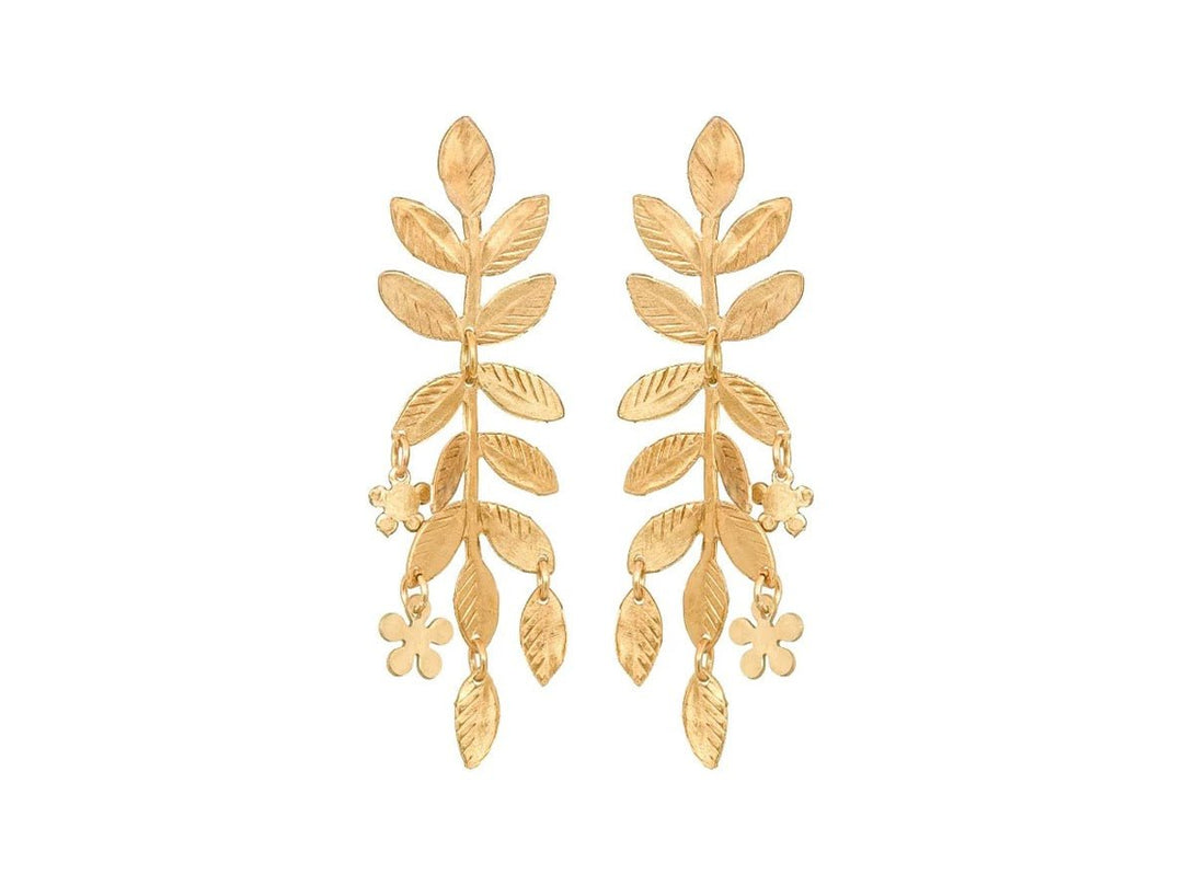 Brass Leaf and Flower Drop Earrings