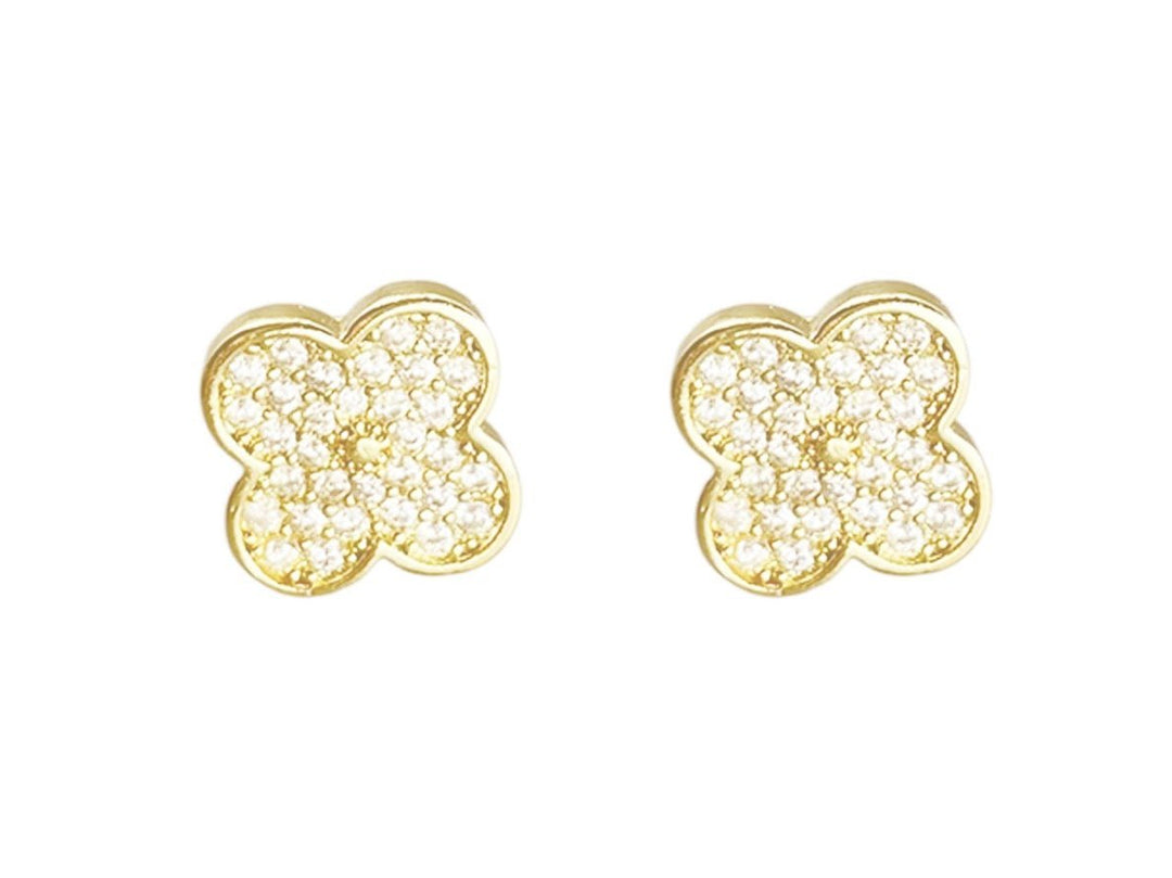 Gold Clover Stud Earrings with CZs
