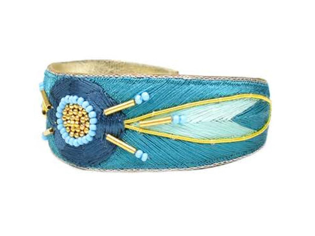 Blue and Light Blue Shield and Feathers Embroidered Bangle