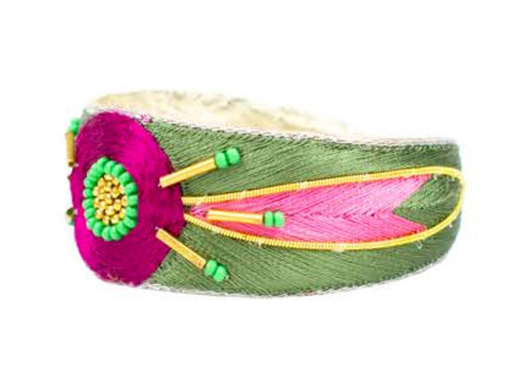 Green and Pink Shield and Feathers Embroidered Bangle