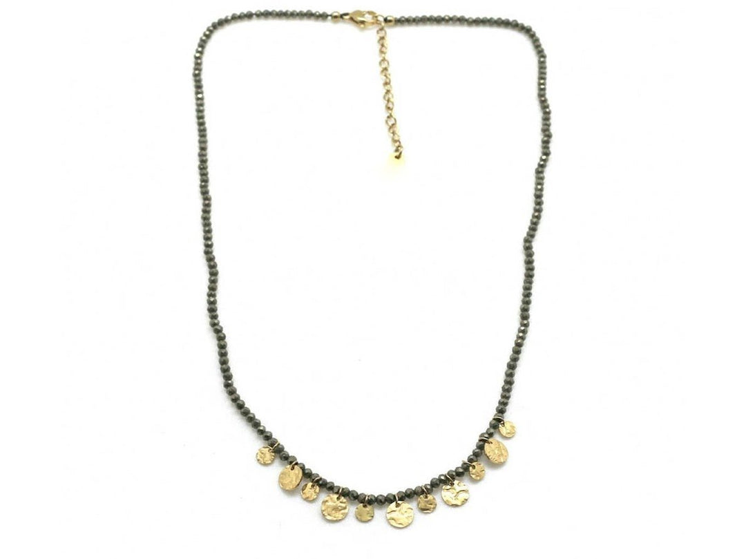 Pyrite Beaded Necklace with Gold Disc Charms