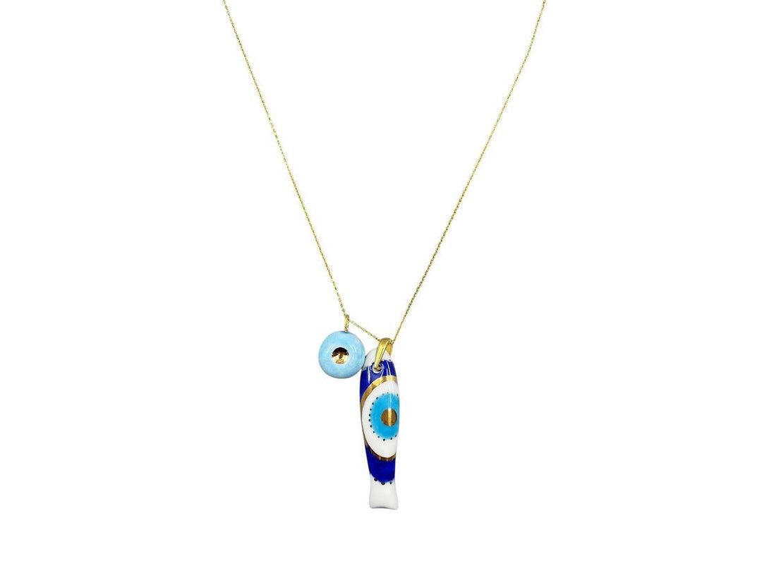 Handpainted Italian Porcelain Turquoise and Navy Evil Eye Big Fish Charm