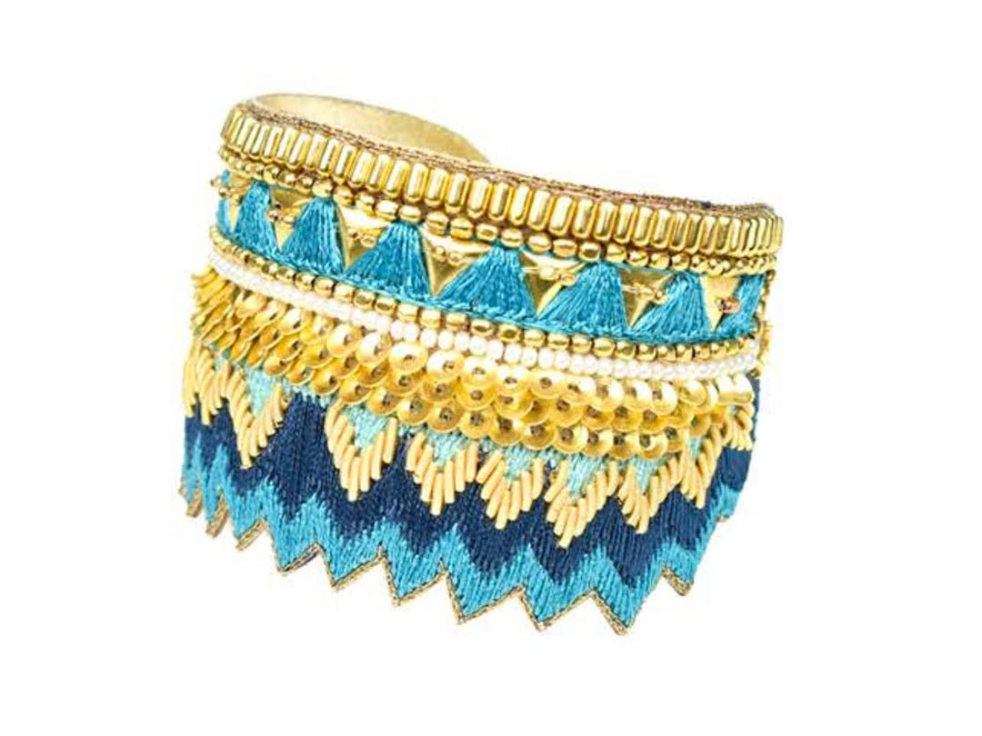 Blue and Light Blue Stripes and Feathers Embroidered Bangle