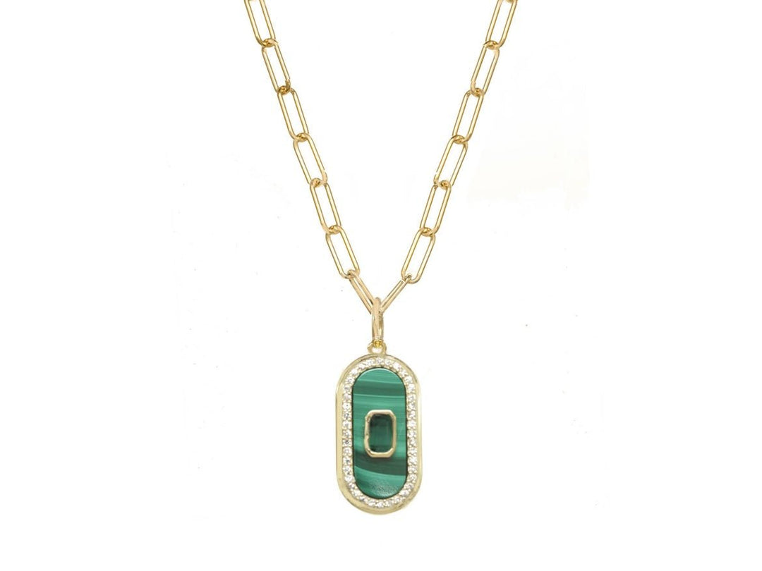 Malachite, Quartz, and CZ Oval Charm Necklace