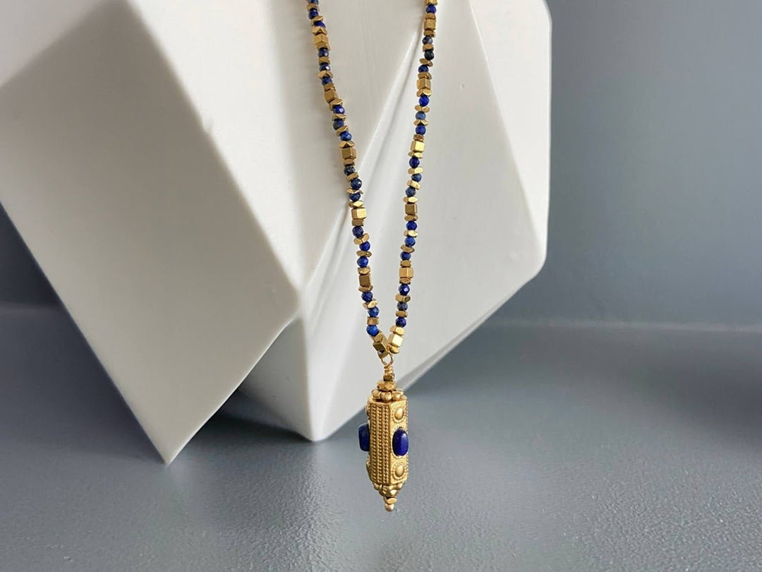 Gold Cylindrical Charm Necklace with Lapis