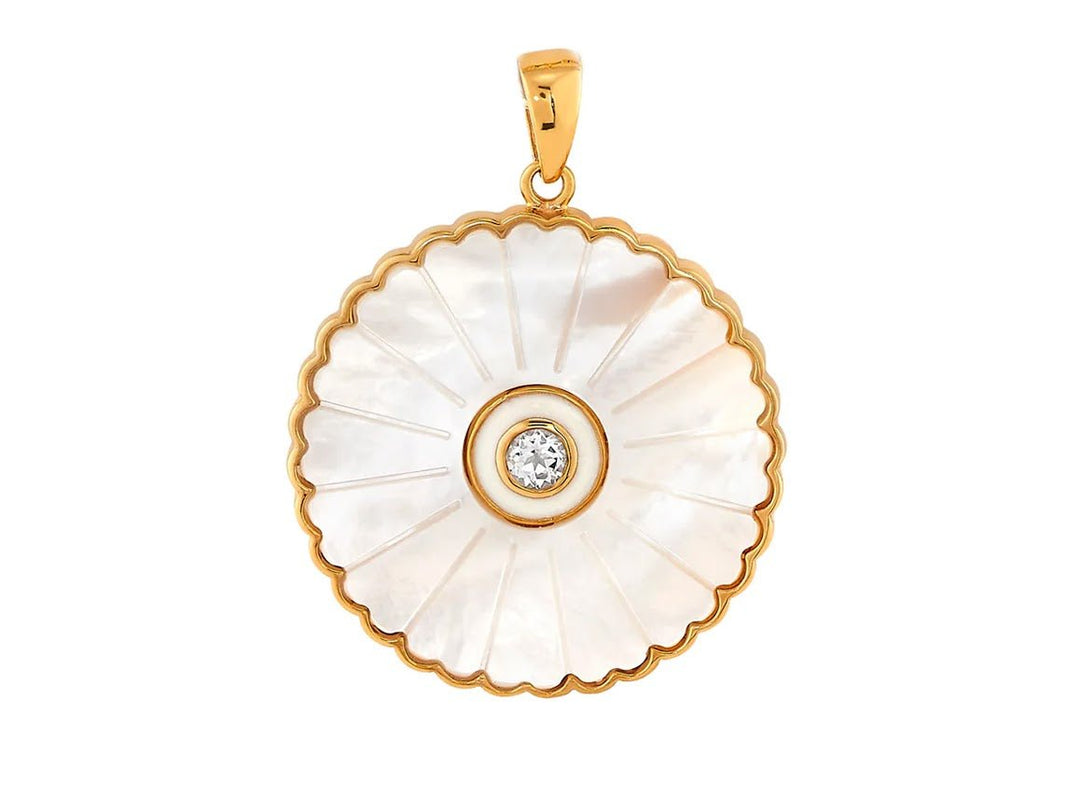 Sunflower Pendant with MOP, Enamel, and White Topaz