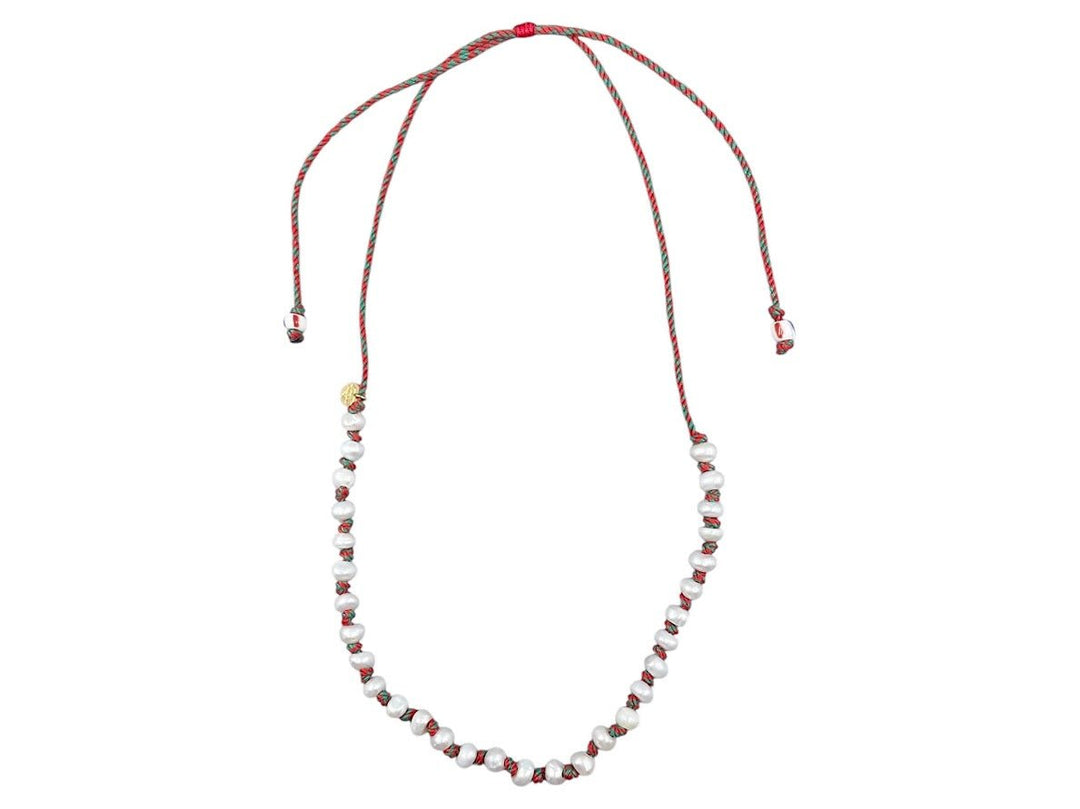 Natural Freshwater Pearl and Red/Green Cord Necklace