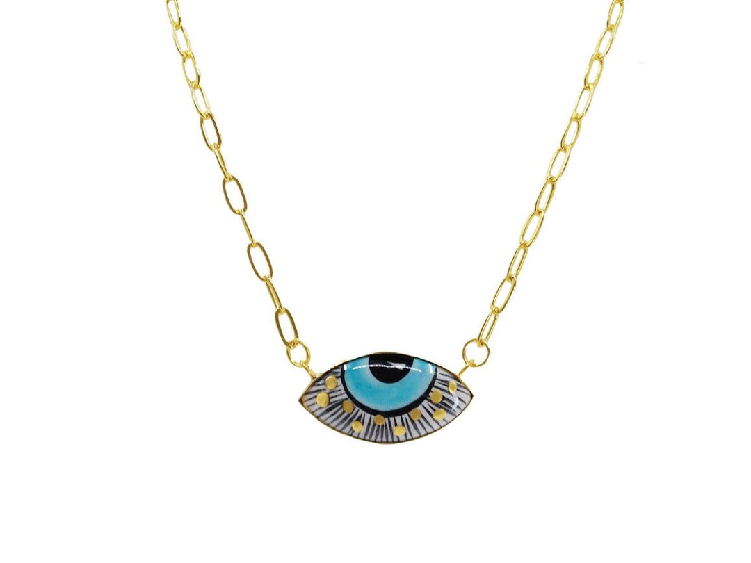 Handpainted Aqua and Gold Evil Eye Necklace