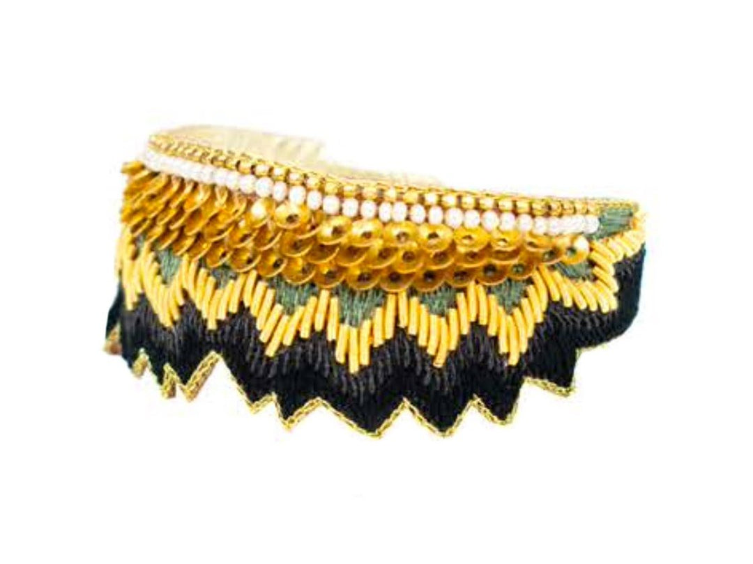 Green, Gold, and Black ZigZag Embroidered Bangle