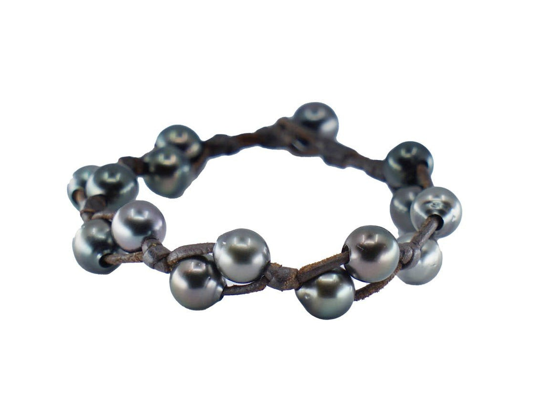 Knotted Brown Leather Bracelet with 15 Dark Tahitian Pearls