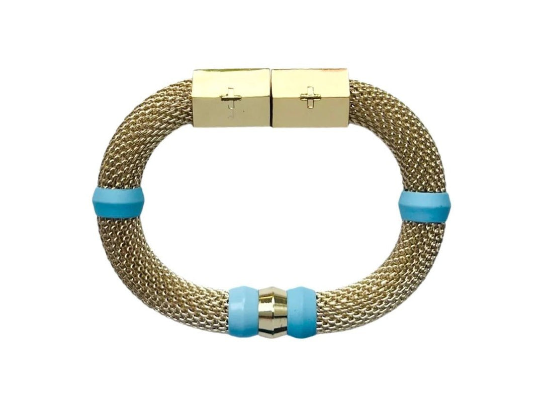 Gold Mesh and Sky Blue Bead Bracelet