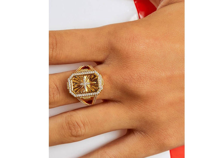 Gold Star Shield Ring with CZs.