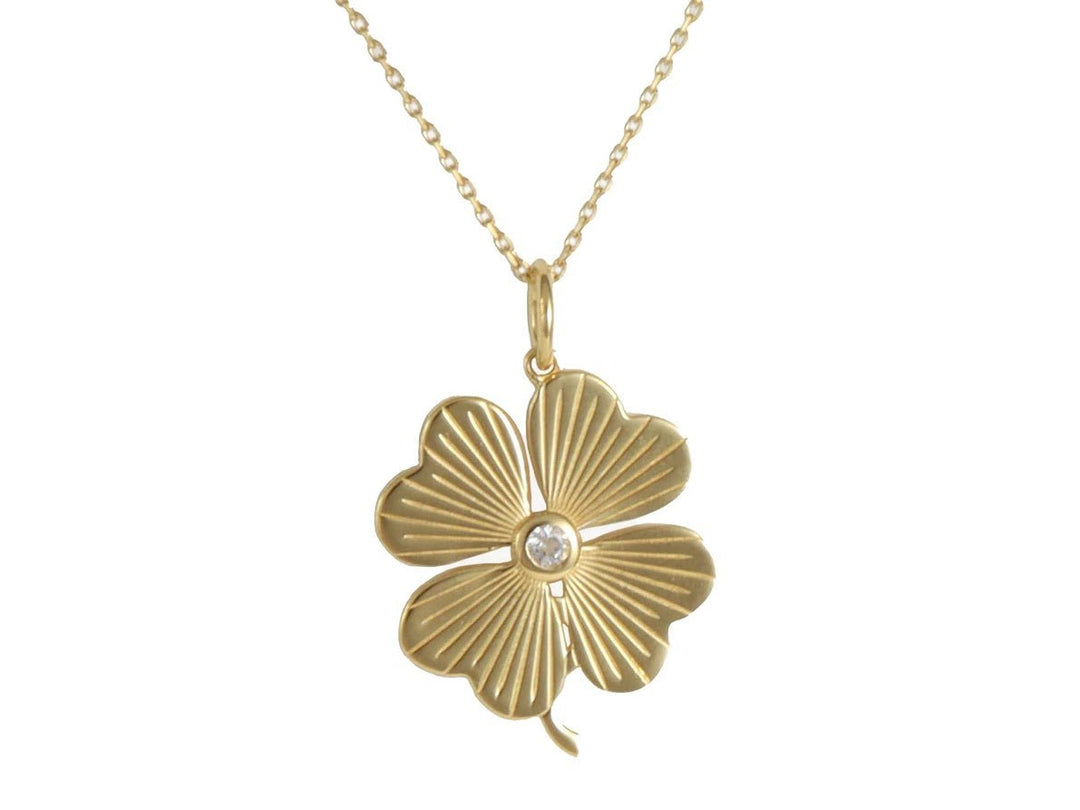 Gold Clover Charm Necklace with White Topaz