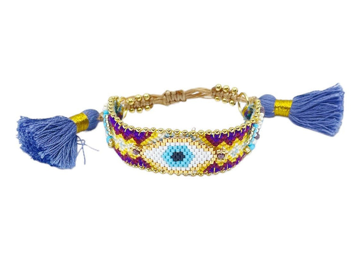 Deep Purple Woven Bracelet with Blue Beaded Evil Eye