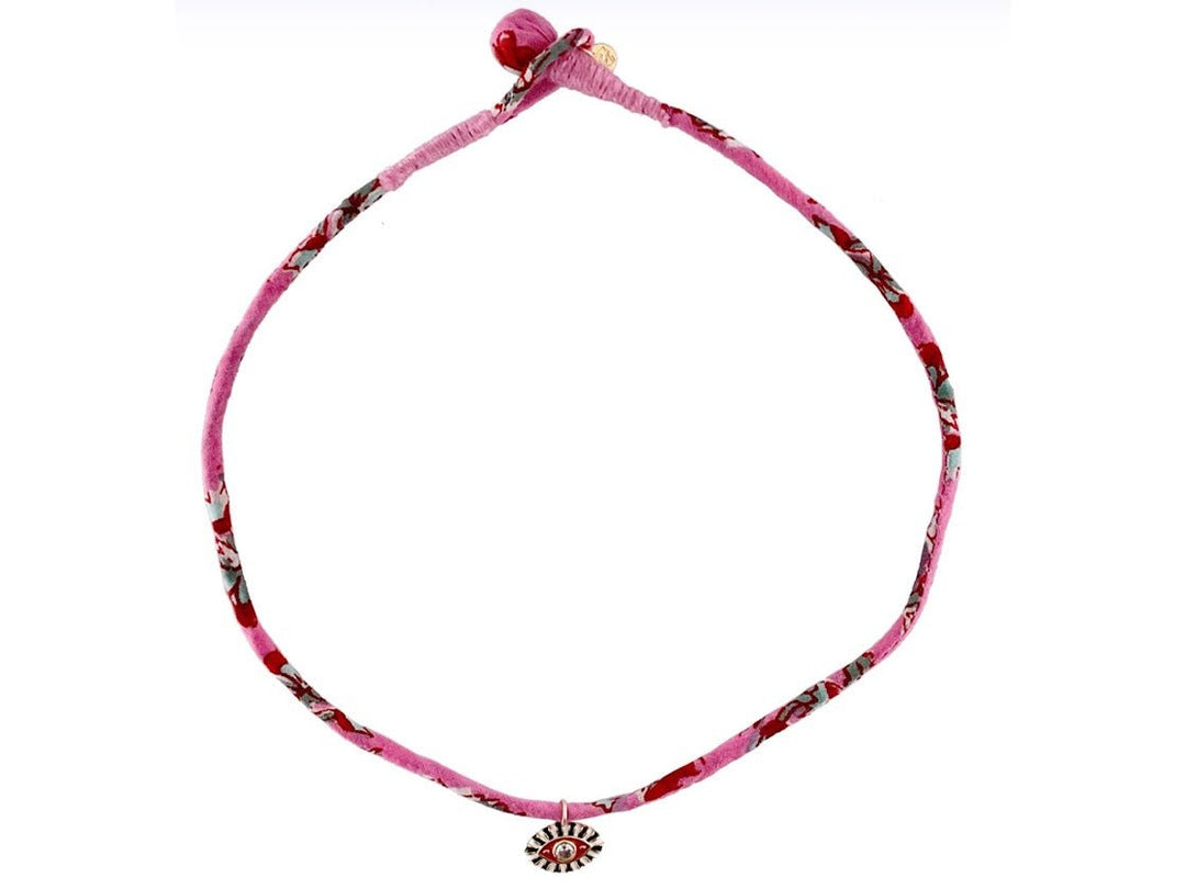 Pink Floral Fabric Necklace with Evil Eye