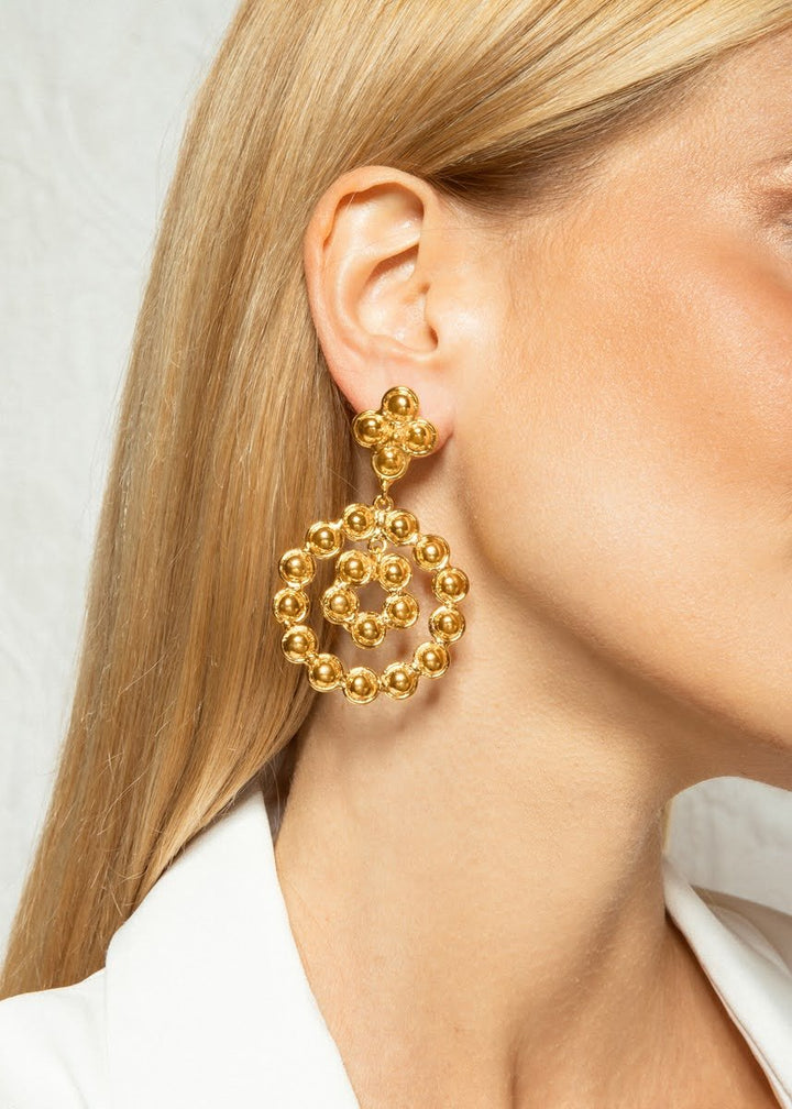 Gold Flower Double Drop Earrings.