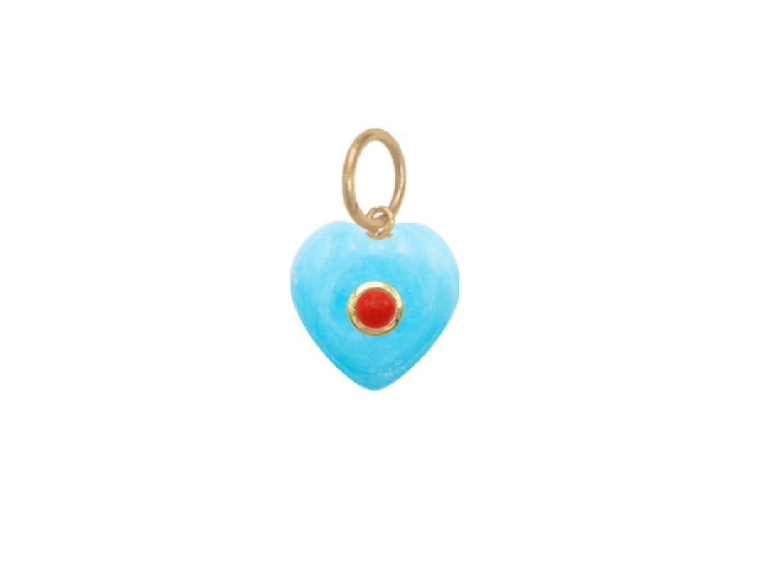 14k Turquoise Heart Charm with Bezel Set Coral