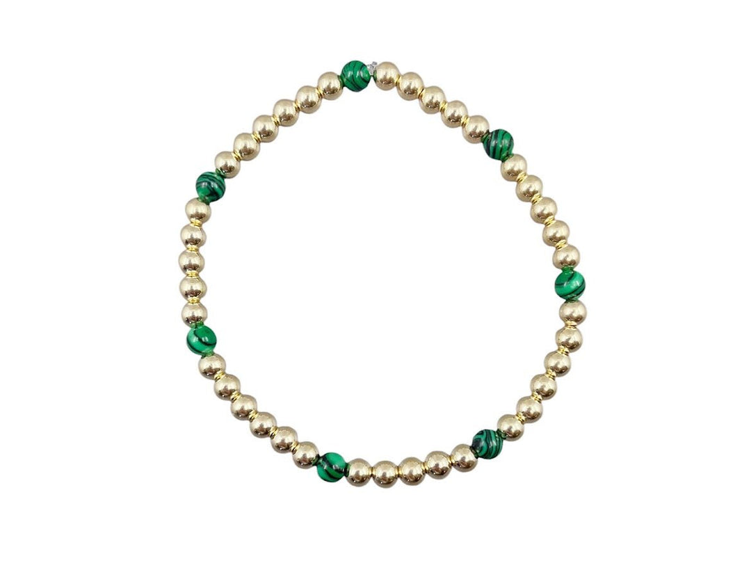 4mm Gold Bead Bracelet with 7 Malachite Beads