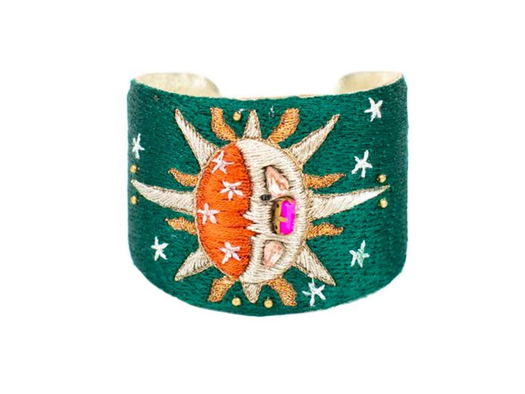 Green, Orange, and Pink Sun and Moon Embroidered Bangle