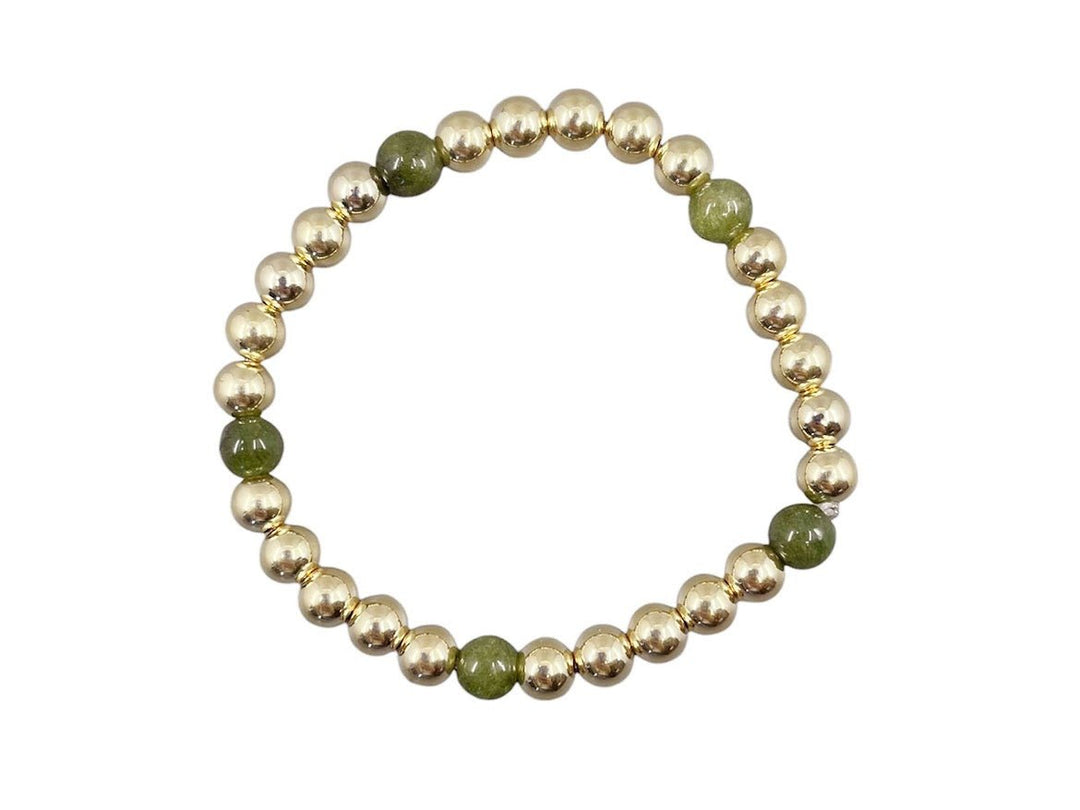 6mm Gold Bead Bracelet with 5 Army Green Jade Beads
