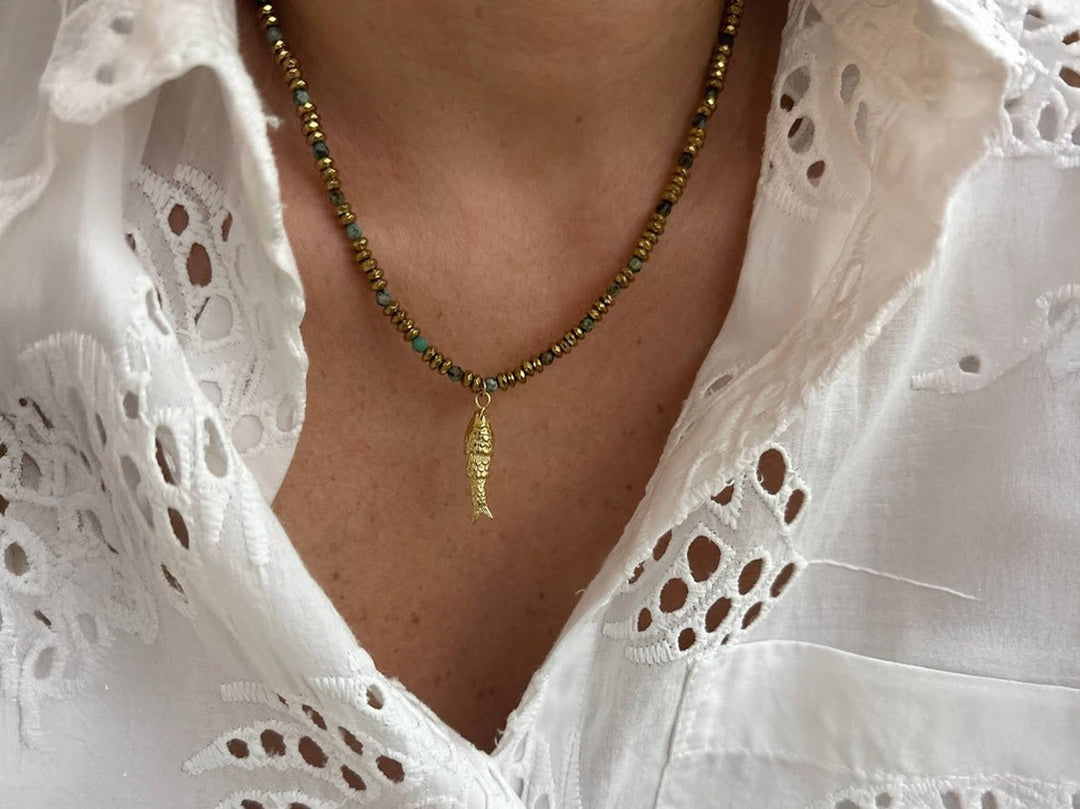 Brown Bead Necklace with Fish Charm