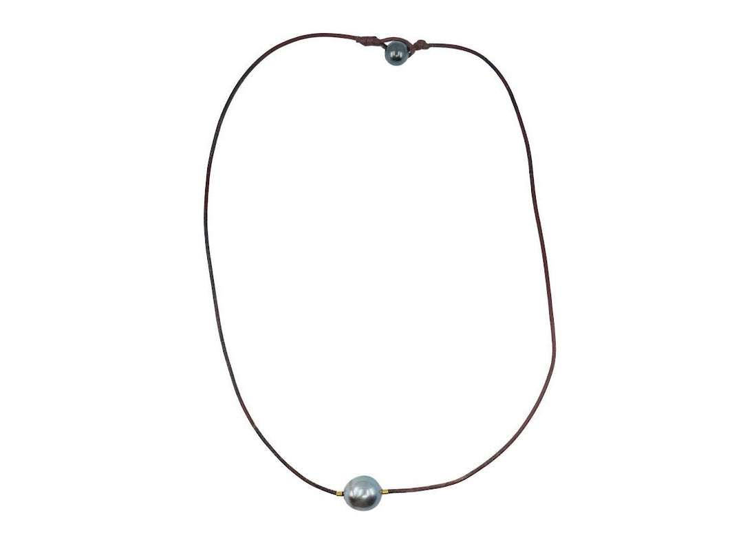 Brown Leather Necklace with Gray Tahitian Pearl and Gold Bead