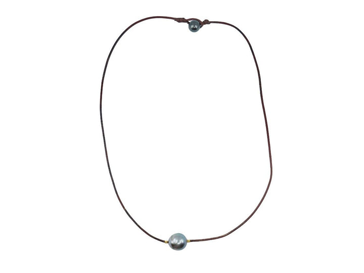 Brown Leather Necklace with Gray Tahitian Pearl and Gold Bead