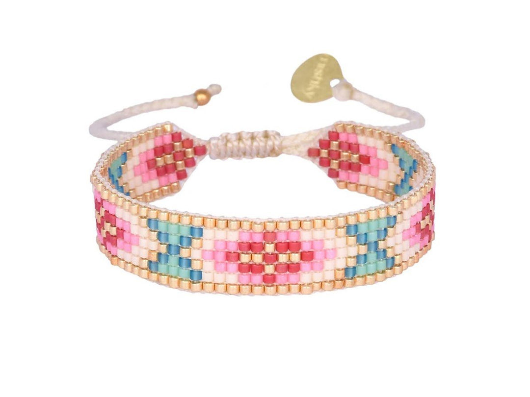Narrow Pink, Blue, and Ivory Woven Bead Bracelet