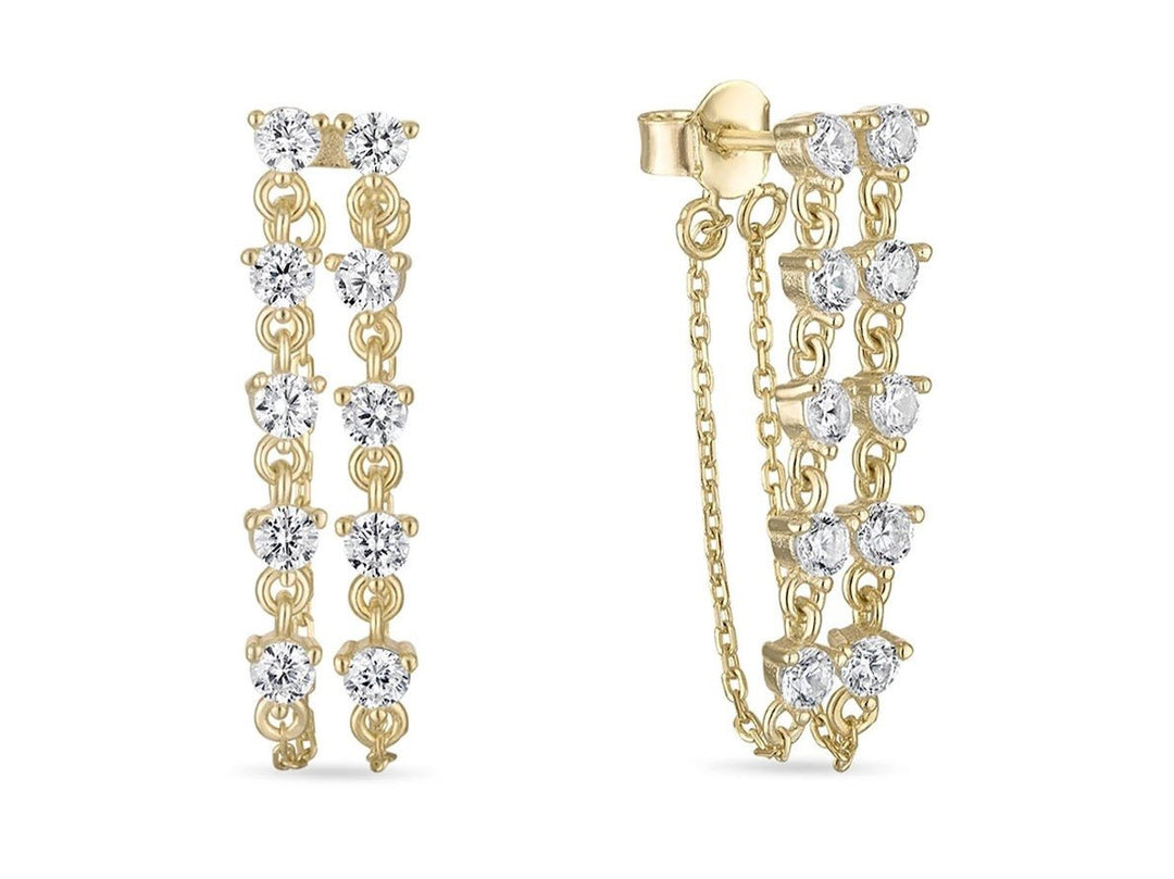Gold and CZ Double Row Chain Drop Earrings