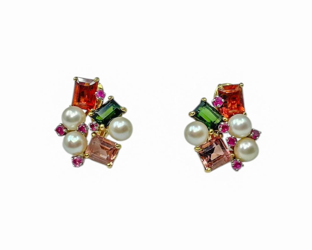 18k Vintage Cluster Earrings with Multiple Stones