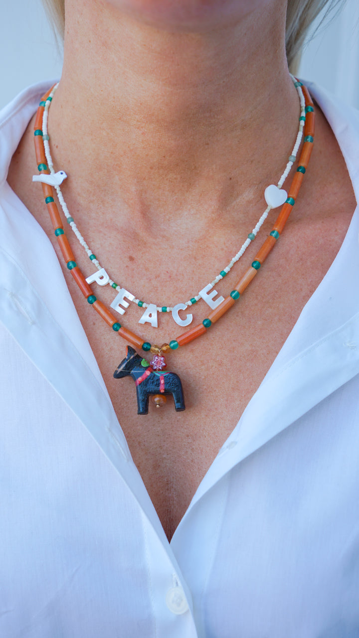 Red Aventurine and Glass Bead Necklace with Horse