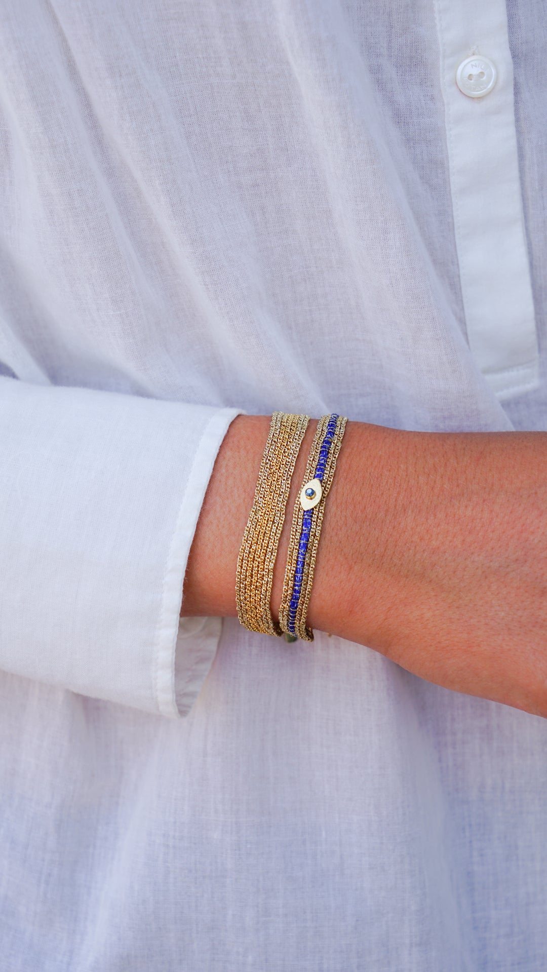 Blue Striped Chain Bracelet with Evil Eye