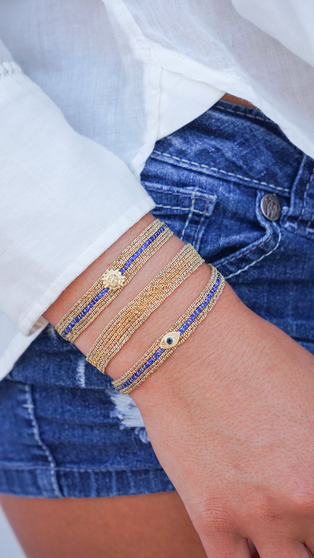 Wider Blue Striped Chain Bracelet with Sun Charm