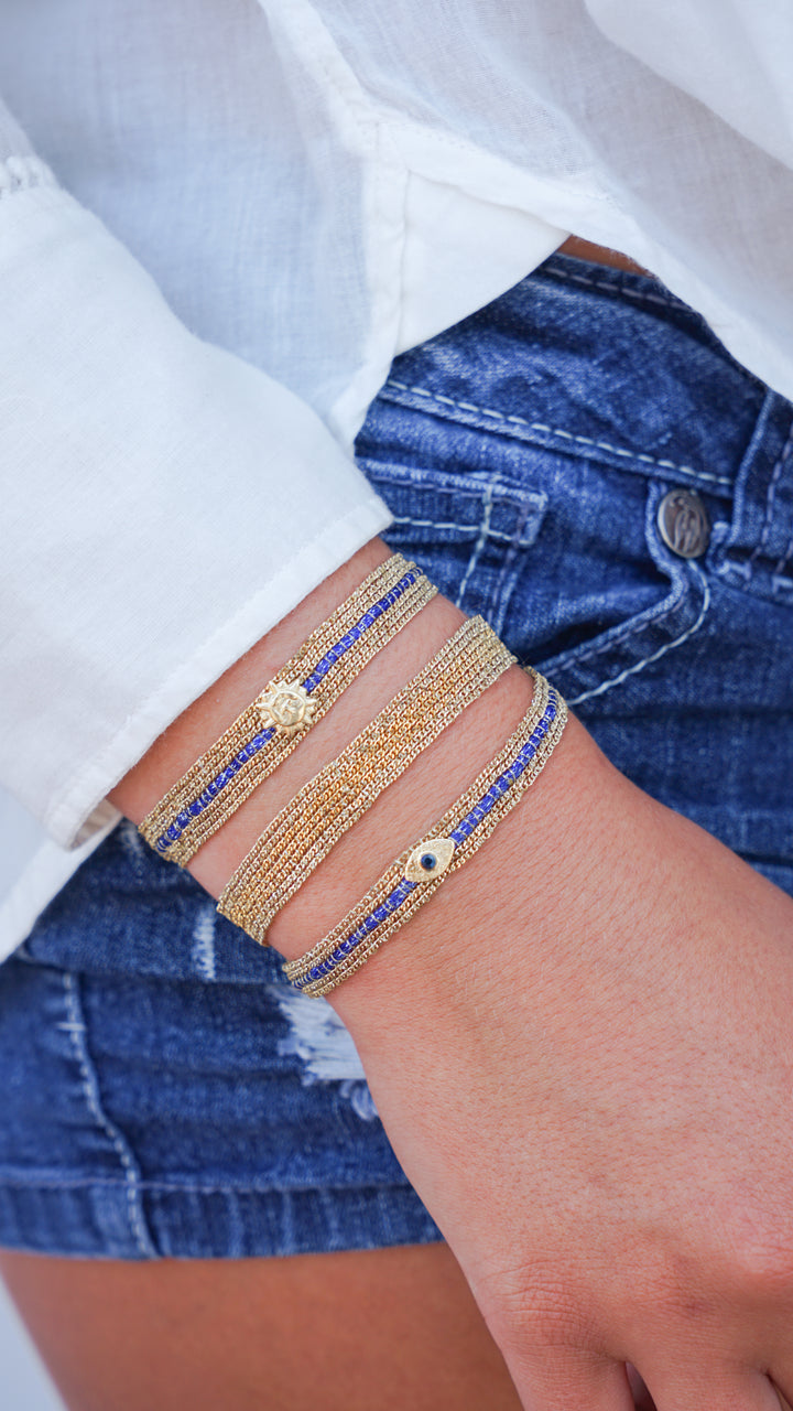 Wider Blue Striped Chain Bracelet with Sun Charm