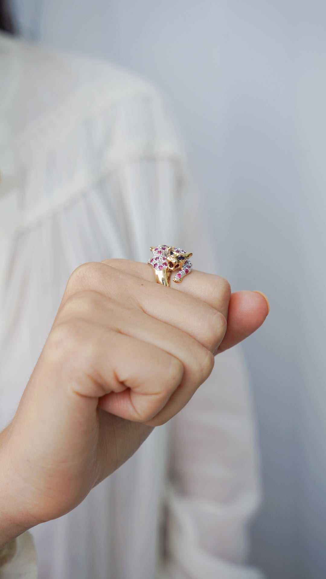 14k Yellow Gold Panther Ring with Rubies, Diamonds, and Sapphires