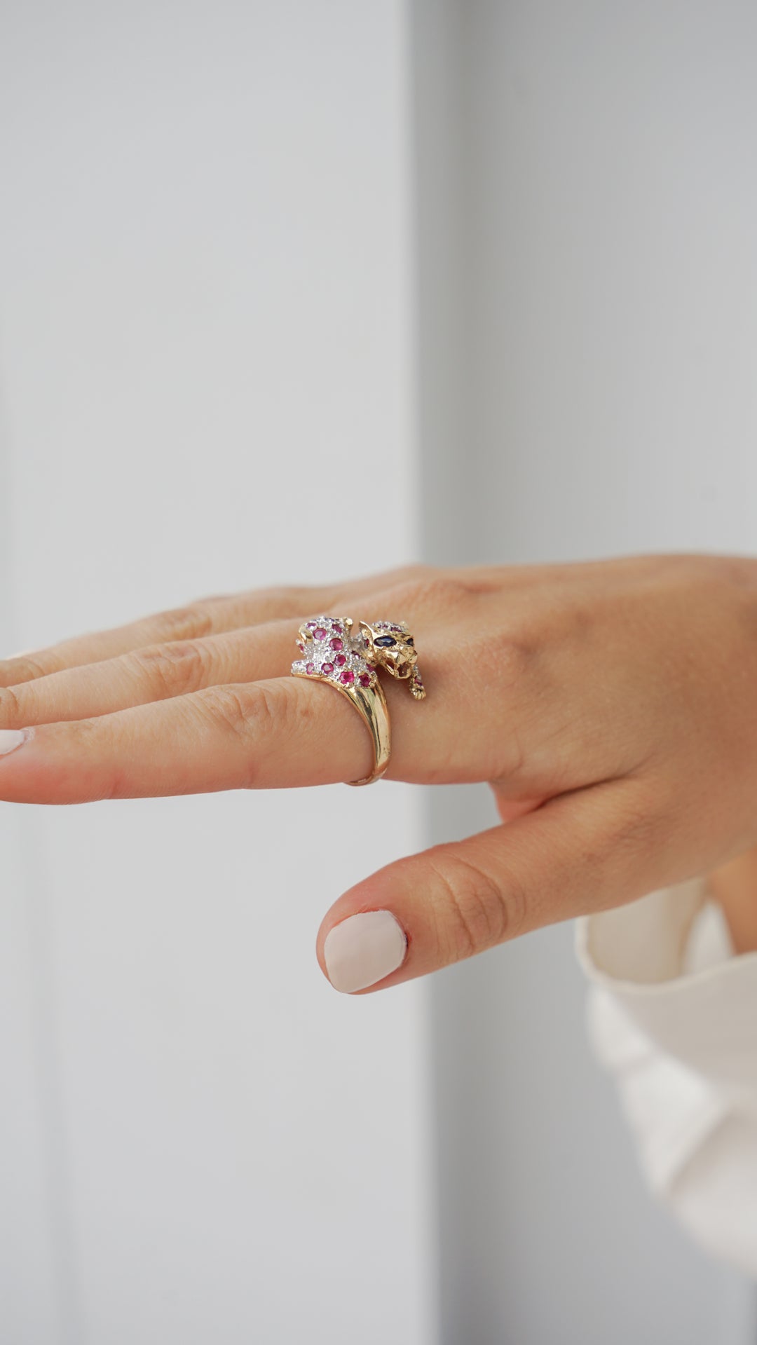 14k Yellow Gold Panther Ring with Rubies, Diamonds, and Sapphires