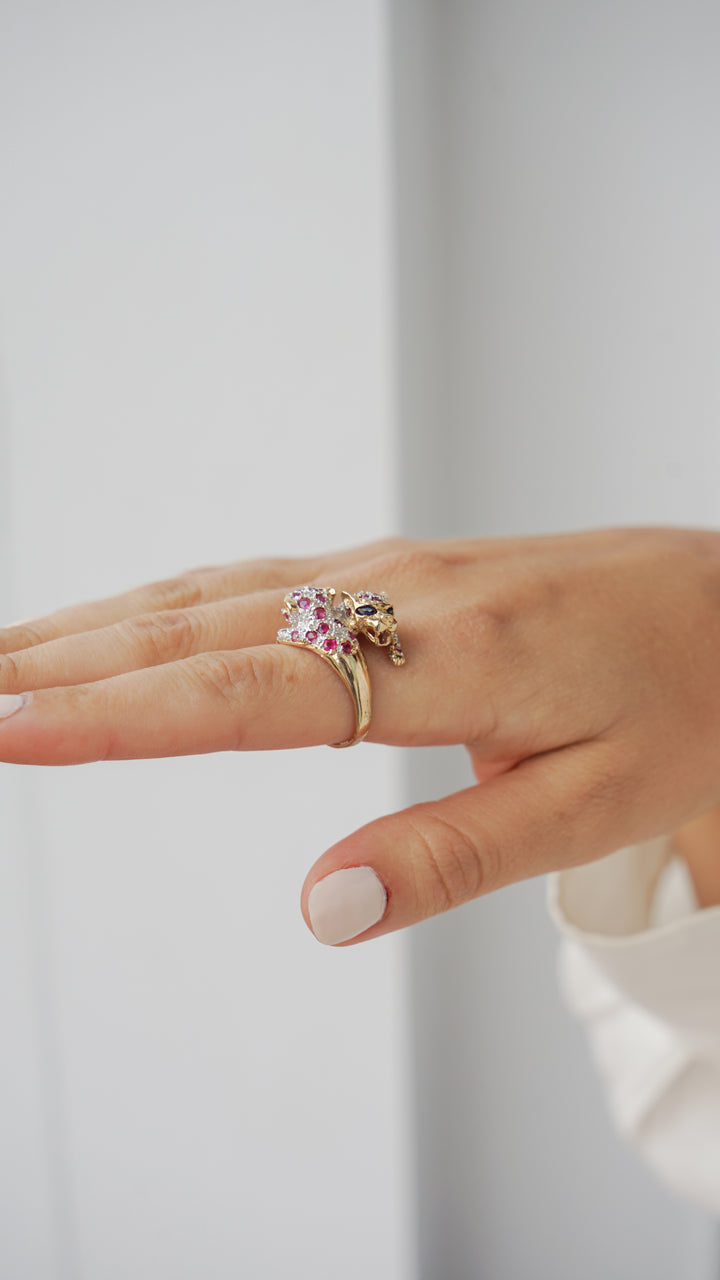 14k Yellow Gold Panther Ring with Rubies, Diamonds, and Sapphires